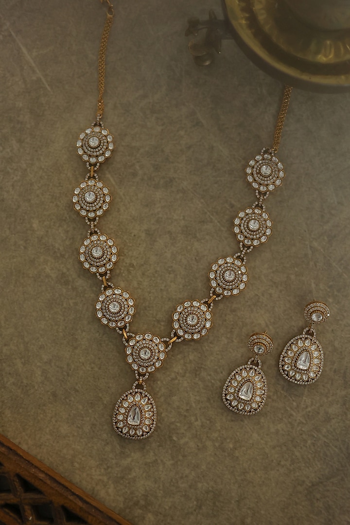 Gold Plated Cubic Zirconia & Kundan Polki Necklace Set by Paisley Pop at Pernia's Pop Up Shop