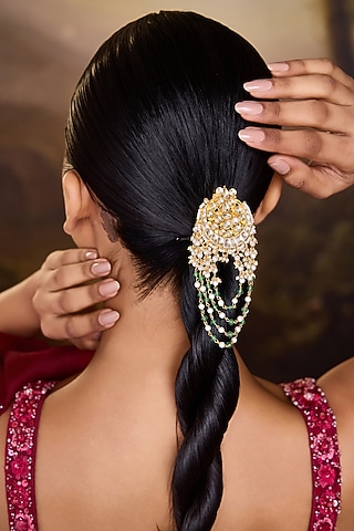 Gold Finish Kundan Polki & Pearl Hair Braid Pin by Paisley Pop