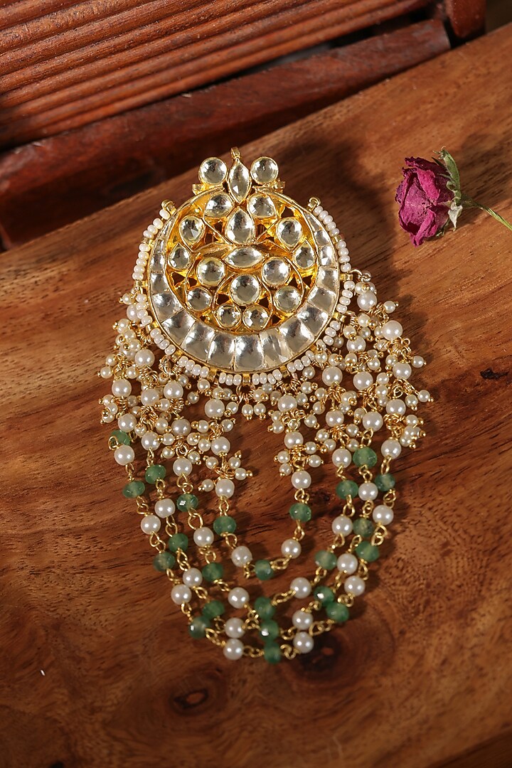 Gold Finish Kundan Polki & Pearl Hair Braid Pin by Paisley Pop at Pernia's Pop Up Shop