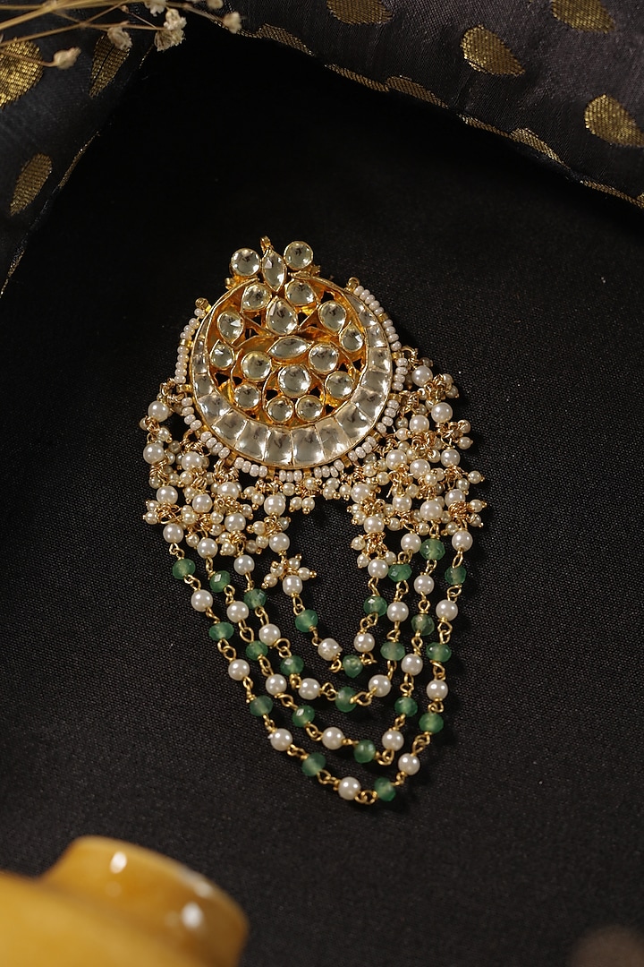 Gold Finish Kundan Polki & Pearl Hair Braid Pin by Paisley Pop at Pernia's Pop Up Shop