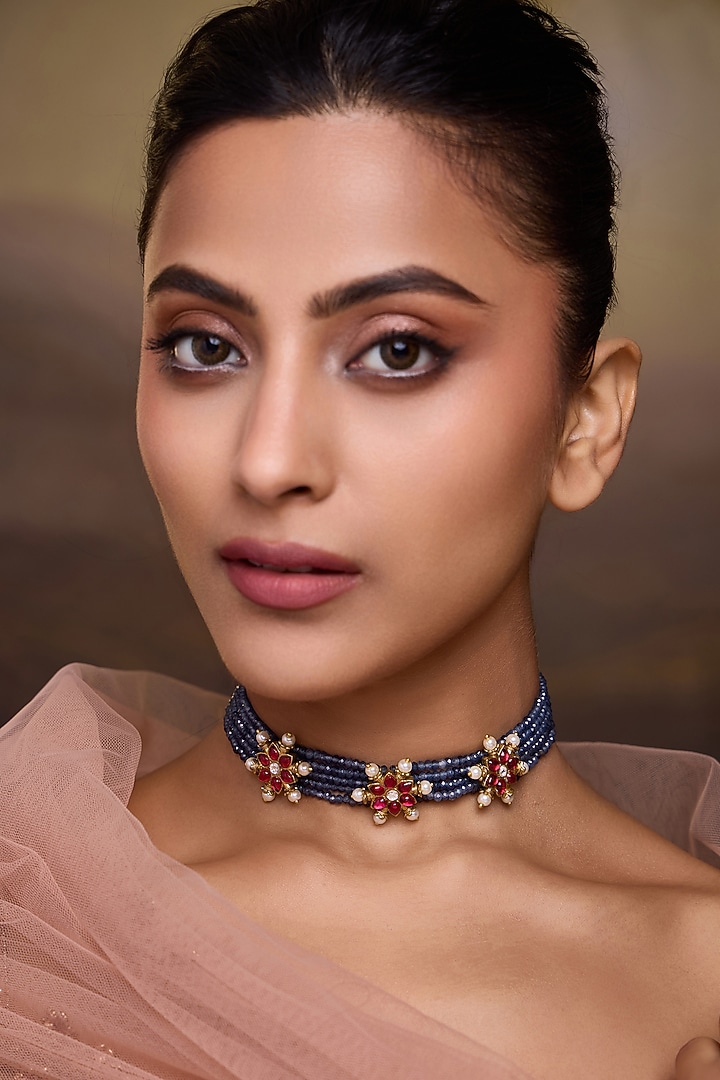 Gold Finish Floral Motifs & Turquoise Stone Choker Necklace by Paisley Pop at Pernia's Pop Up Shop