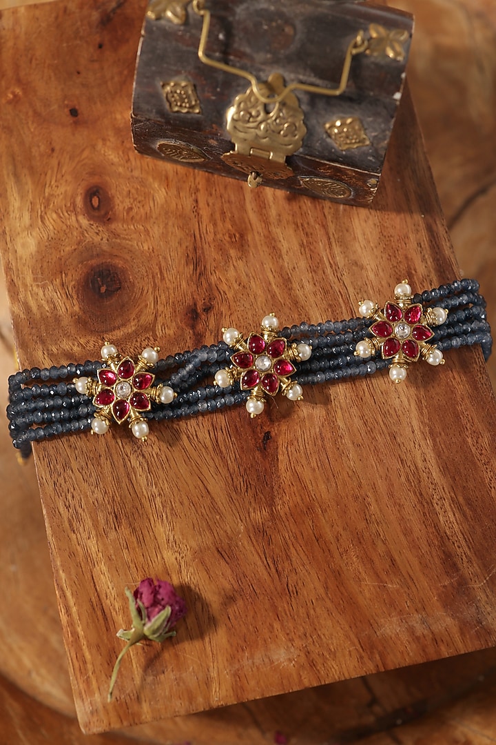 Gold Finish Floral Motifs & Turquoise Stone Choker Necklace by Paisley Pop at Pernia's Pop Up Shop