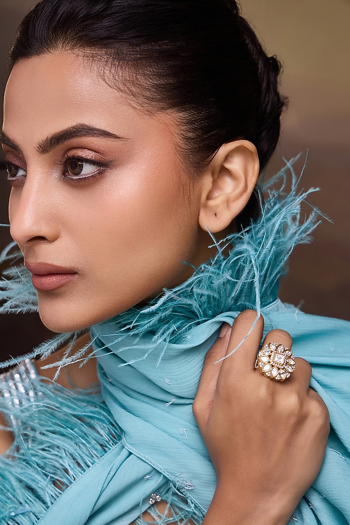 Gold Finish Kundan Polki Adjustable Floral Ring by Paisley Pop at Pernia's Pop Up Shop