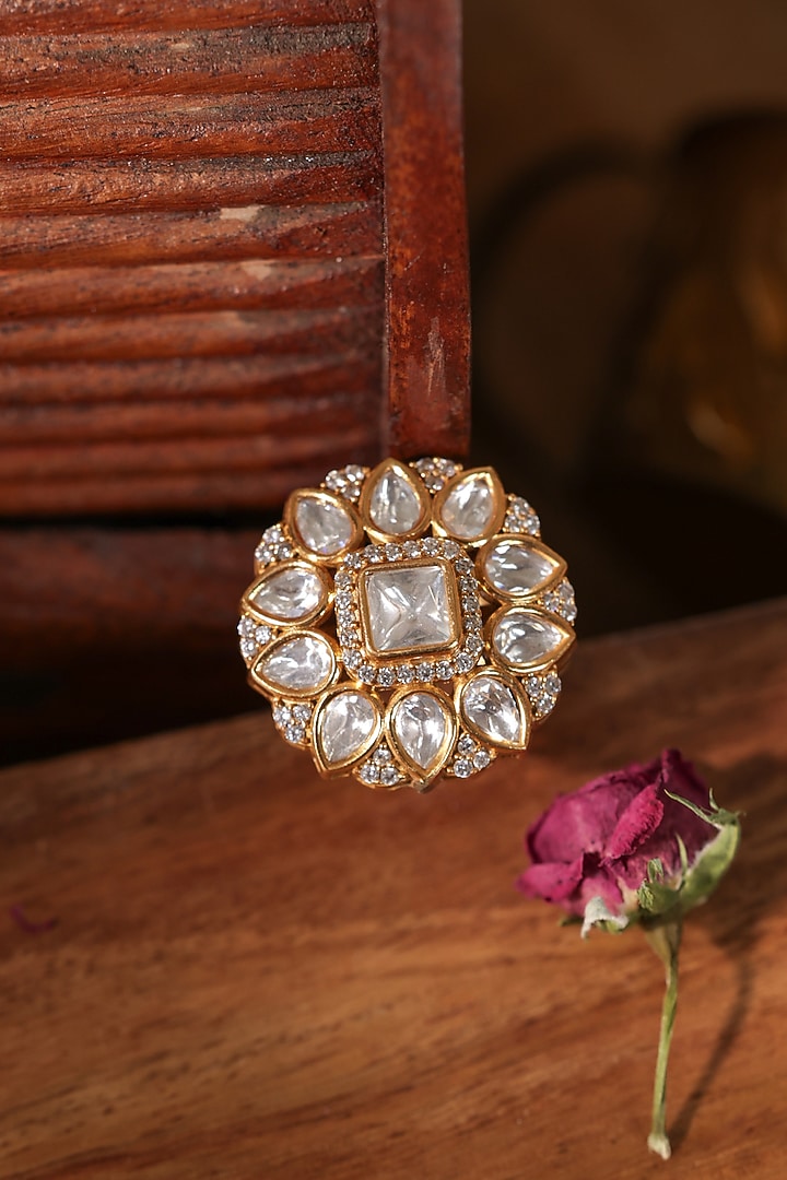 Gold Finish Kundan Polki Adjustable Floral Ring by Paisley Pop at Pernia's Pop Up Shop