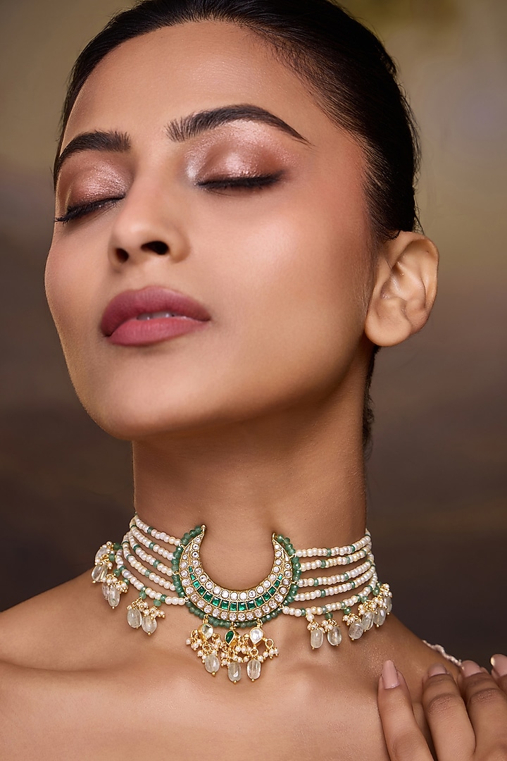 Gold Finish Kundan Polki & Mint Beaded Choker Necklace by Paisley Pop at Pernia's Pop Up Shop