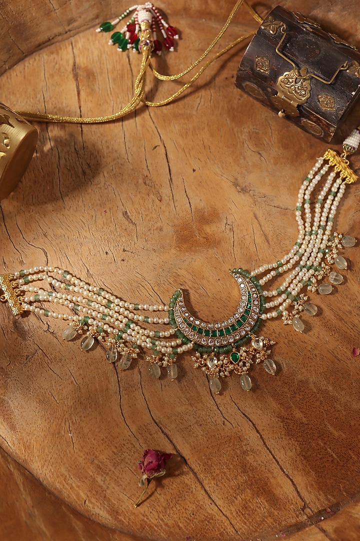 Gold Finish Kundan Polki & Mint Beaded Choker Necklace by Paisley Pop at Pernia's Pop Up Shop
