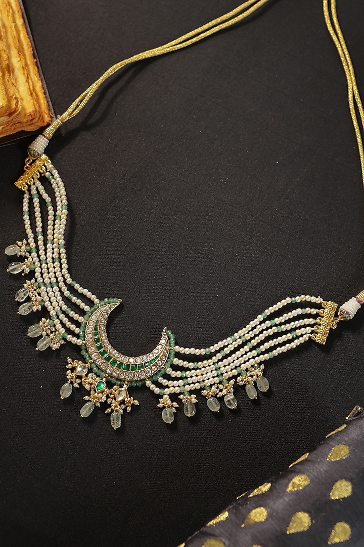 Gold Finish Kundan Polki & Mint Beaded Choker Necklace by Paisley Pop at Pernia's Pop Up Shop