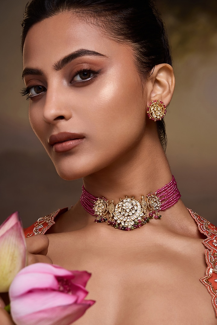 Gold Finish Kundan Polki & Ruby Beaded Necklace Set by Paisley Pop at Pernia's Pop Up Shop