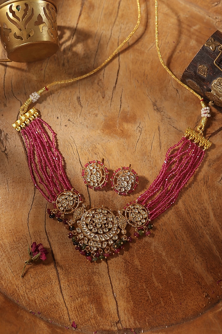 Gold Finish Kundan Polki & Ruby Beaded Necklace Set by Paisley Pop at Pernia's Pop Up Shop