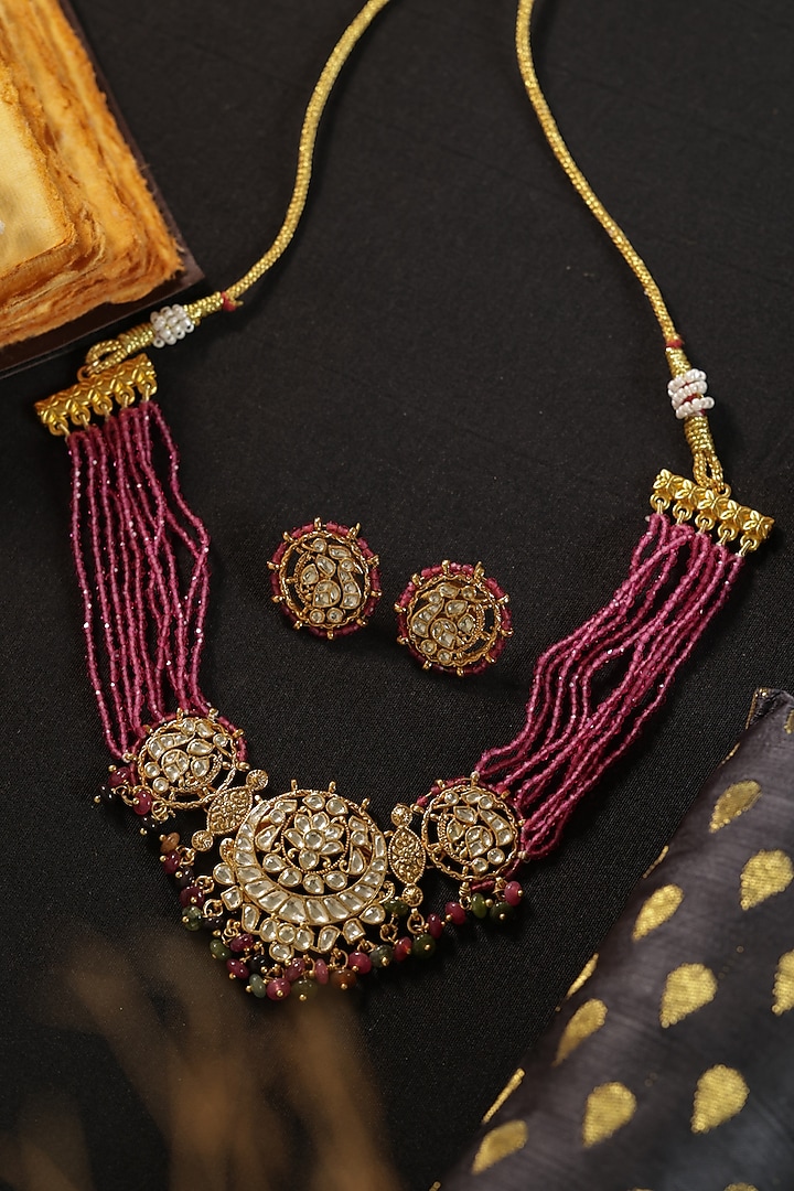 Gold Finish Kundan Polki & Ruby Beaded Necklace Set by Paisley Pop at Pernia's Pop Up Shop