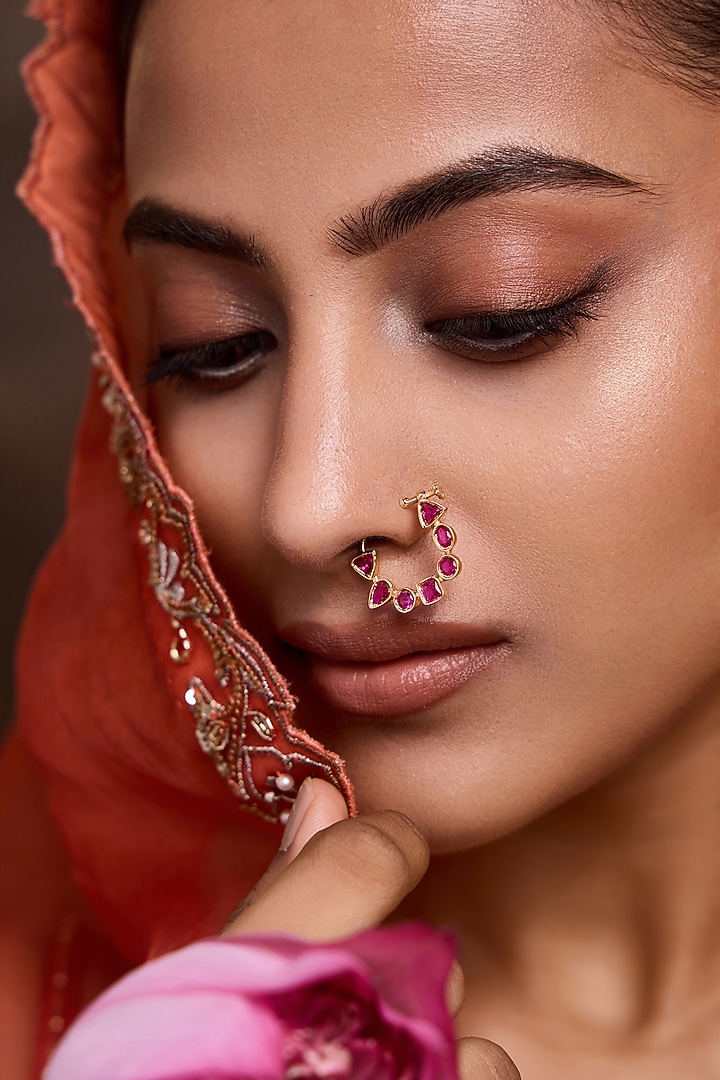 Gold Finish Pink Kundan Polki Nose Ring by Paisley Pop at Pernia's Pop Up Shop