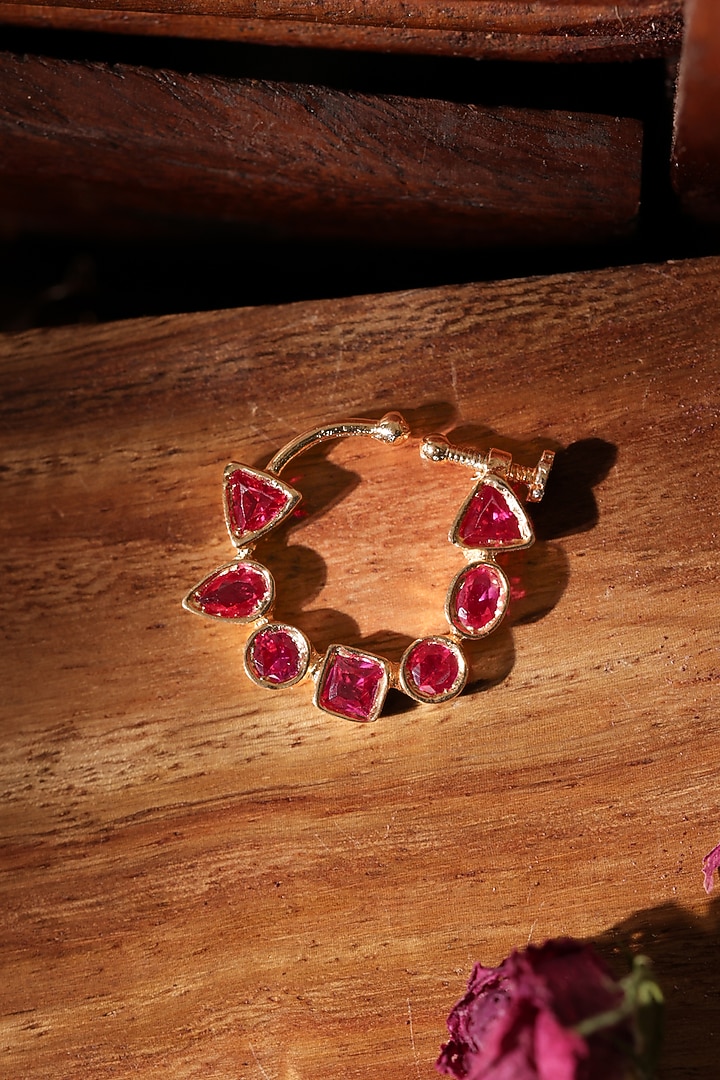 Gold Finish Pink Kundan Polki Nose Ring by Paisley Pop at Pernia's Pop Up Shop