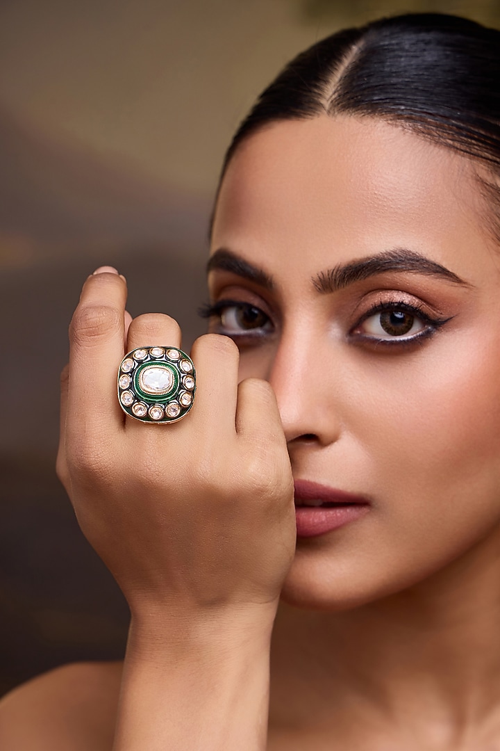 Gold Finish Kundan Polki Green Meenakari Adjustable Ring by Paisley Pop at Pernia's Pop Up Shop