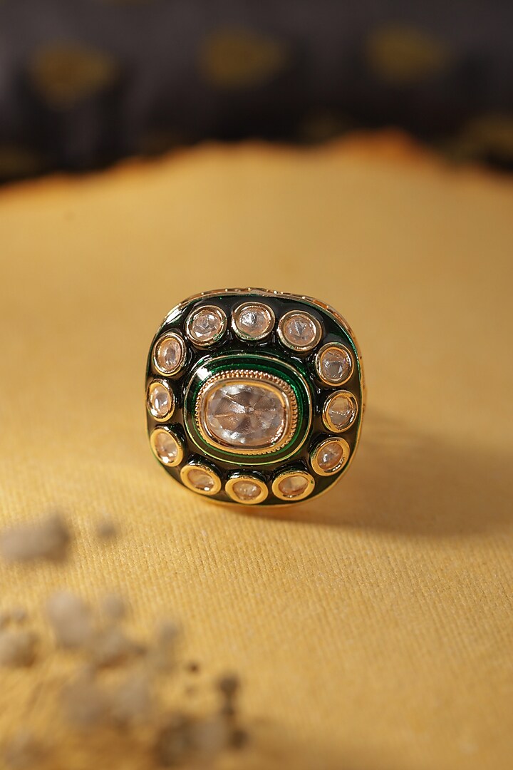 Gold Finish Kundan Polki Green Meenakari Adjustable Ring by Paisley Pop at Pernia's Pop Up Shop