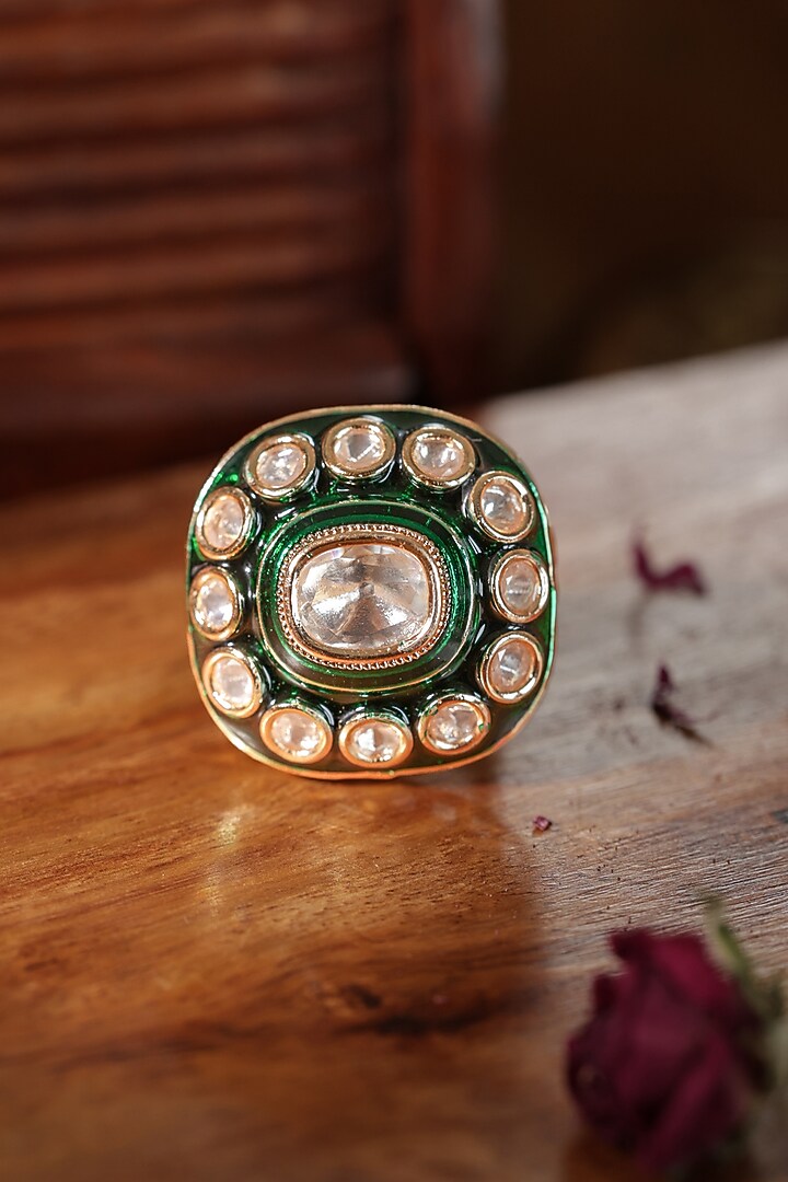 Gold Finish Kundan Polki Green Meenakari Adjustable Ring by Paisley Pop at Pernia's Pop Up Shop