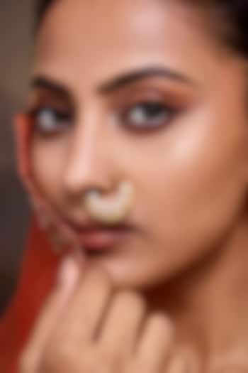 Gold Finish Kundan Polki & Pearl Nose Ring by Paisley Pop at Pernia's Pop Up Shop