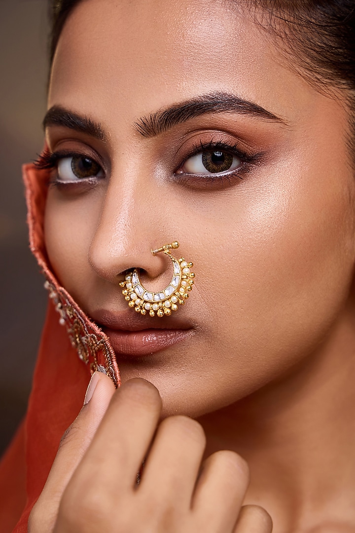 Gold Finish Kundan Polki & Pearl Nose Ring by Paisley Pop at Pernia's Pop Up Shop