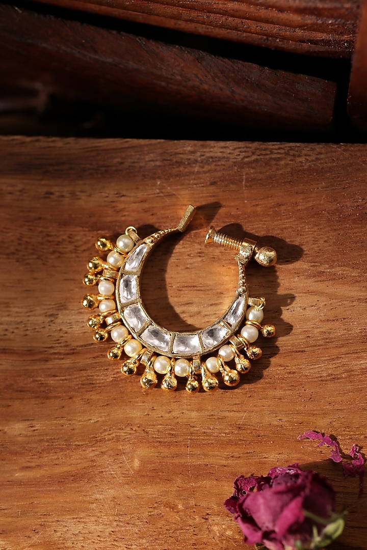 Gold Finish Kundan Polki & Pearl Nose Ring by Paisley Pop at Pernia's Pop Up Shop