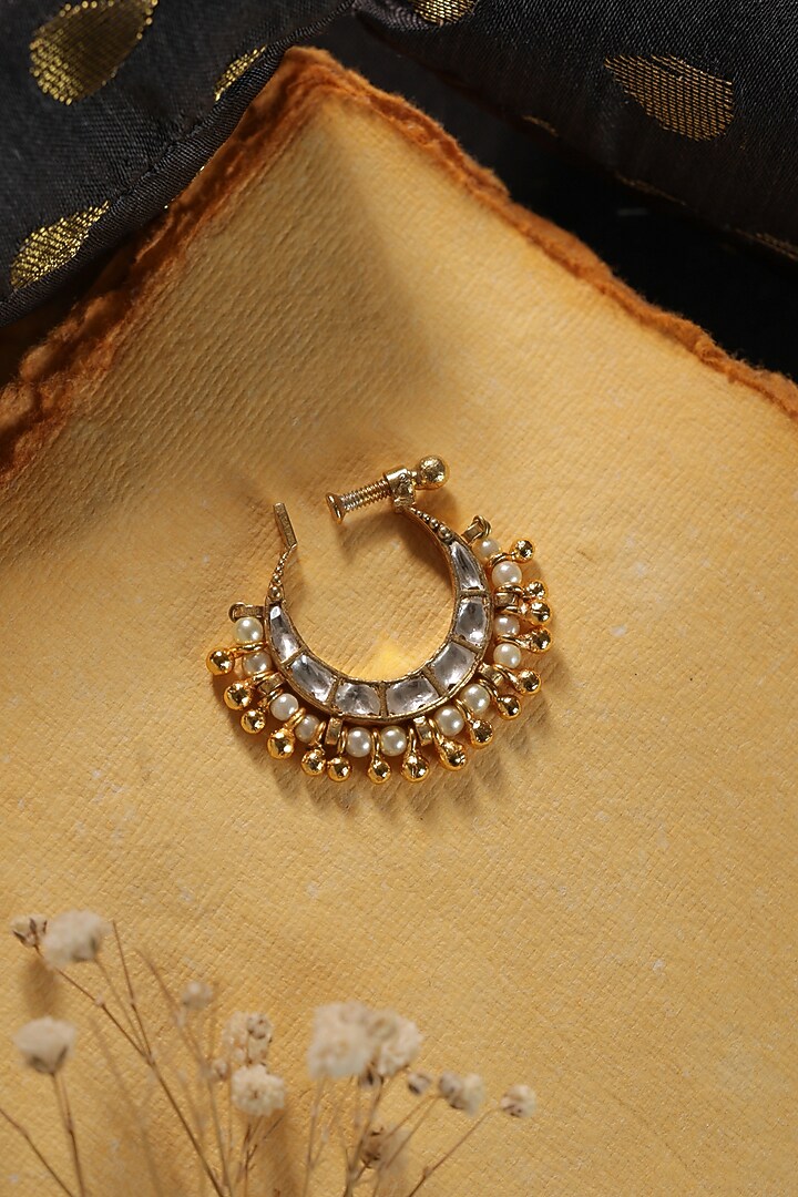 Gold Finish Kundan Polki & Pearl Nose Ring by Paisley Pop at Pernia's Pop Up Shop