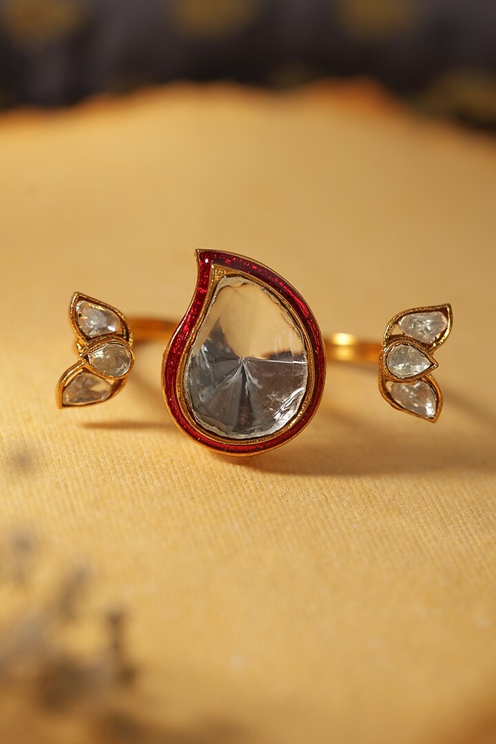 Gold Finish Kundan Polki Red Enameled Adjustable Ring by Paisley Pop at Pernia's Pop Up Shop