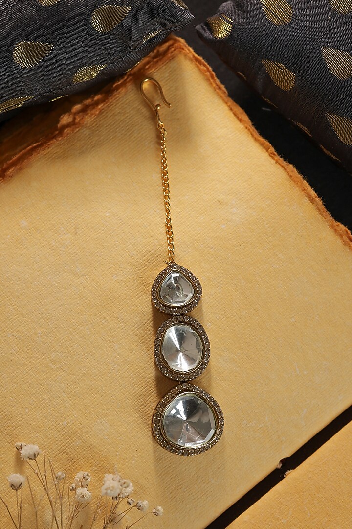 Gold Finish Kundan Polki & Cubic Zirconia Maangtikka by Paisley Pop at Pernia's Pop Up Shop