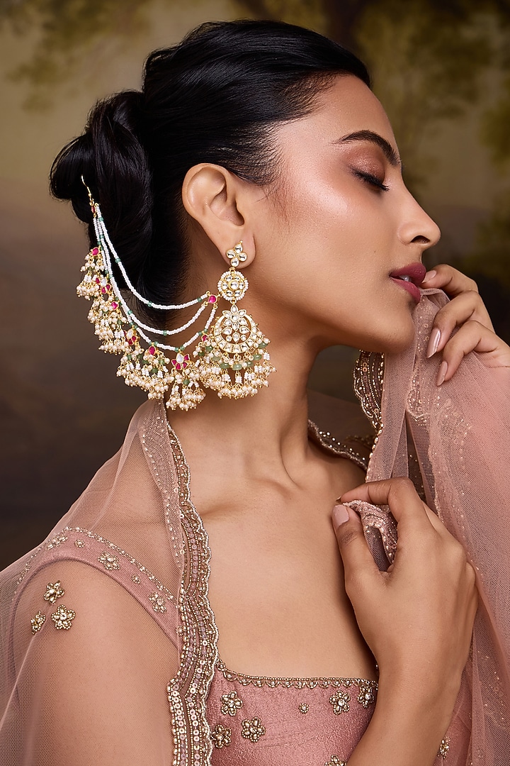 Gold Finish Kundan Polki & Pearl Chandbali Earrings by Paisley Pop at Pernia's Pop Up Shop