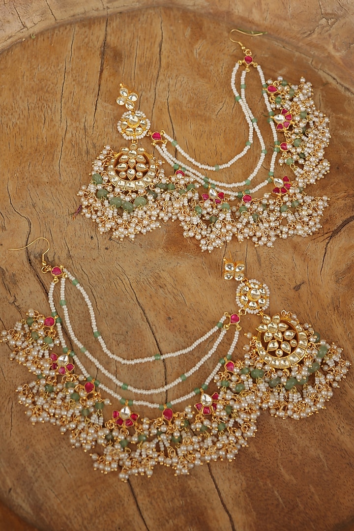 Gold Finish Kundan Polki & Pearl Chandbali Earrings by Paisley Pop at Pernia's Pop Up Shop