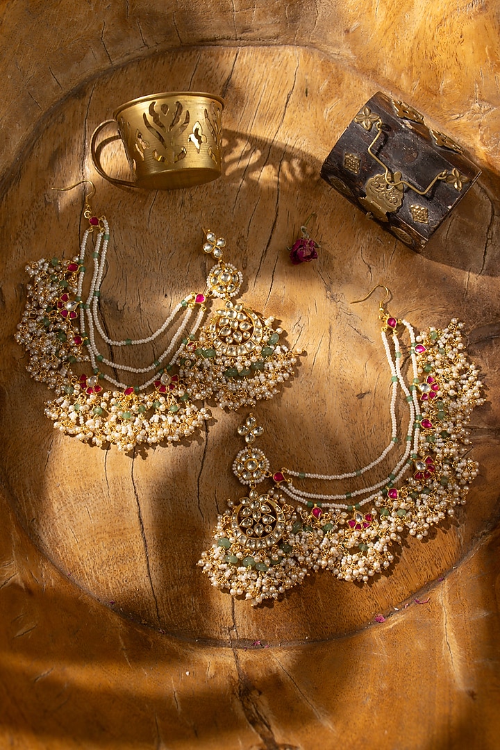 Gold Finish Kundan Polki & Pearl Chandbali Earrings by Paisley Pop at Pernia's Pop Up Shop