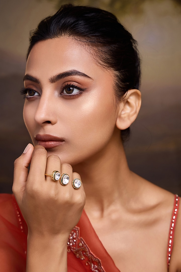 Gold Finish Jadau Kundan Polki Adjustable Ring by Paisley Pop at Pernia's Pop Up Shop