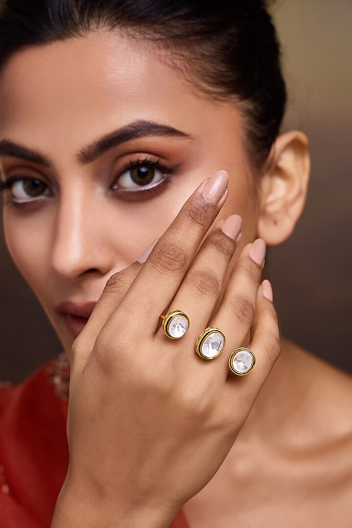 Gold Finish Jadau Kundan Polki Adjustable Ring by Paisley Pop at Pernia's Pop Up Shop