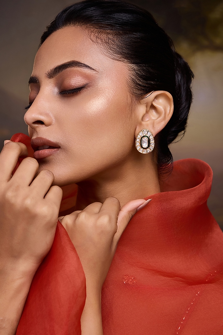 Gold Finish Kundan Polki Green Enameled Stud Earrings by Paisley Pop at Pernia's Pop Up Shop