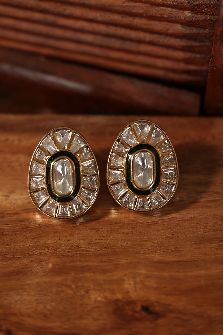 Gold Finish Kundan Polki Green Enameled Stud Earrings by Paisley Pop at Pernia's Pop Up Shop