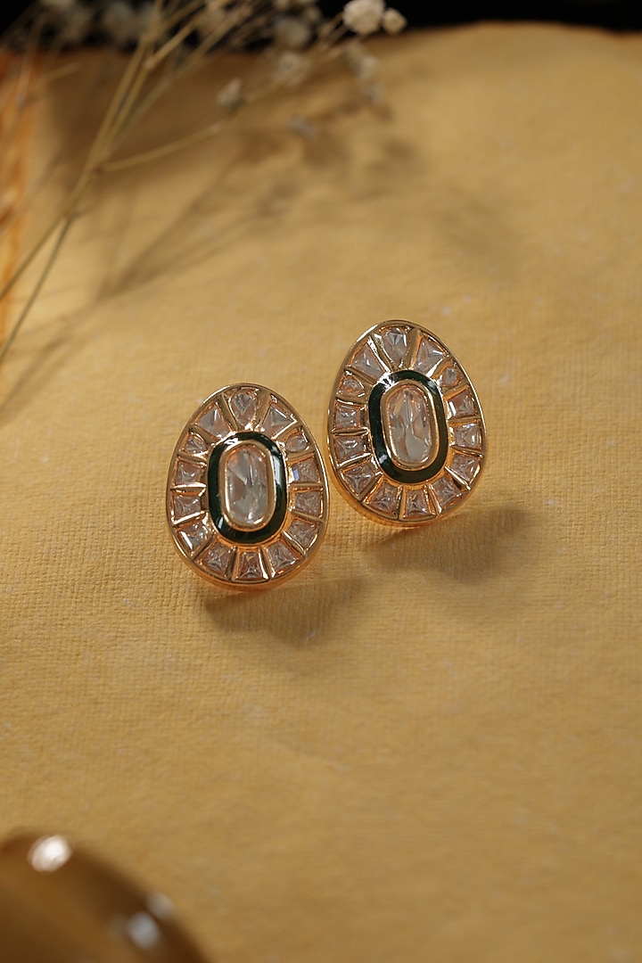 Gold Finish Kundan Polki Green Enameled Stud Earrings by Paisley Pop at Pernia's Pop Up Shop