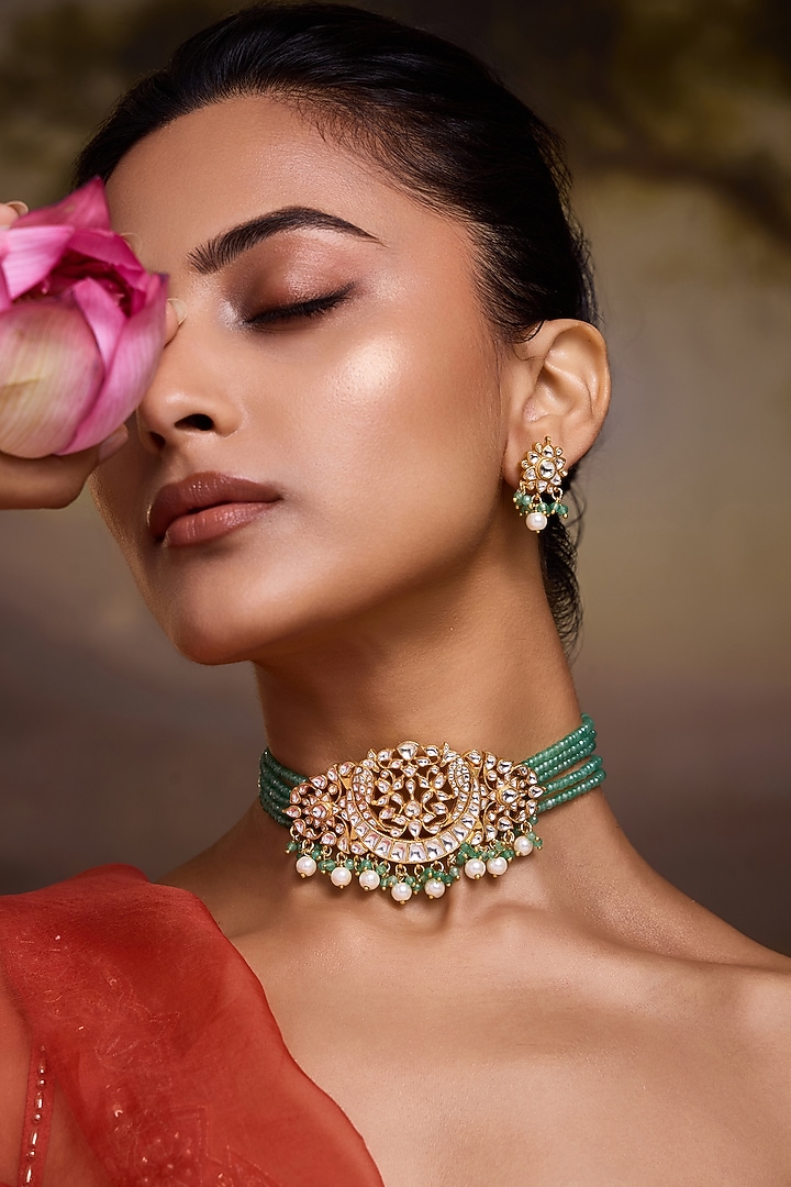 Gold Finish Kundan Polki & Green Onyx Choker Necklace Set by Paisley Pop at Pernia's Pop Up Shop