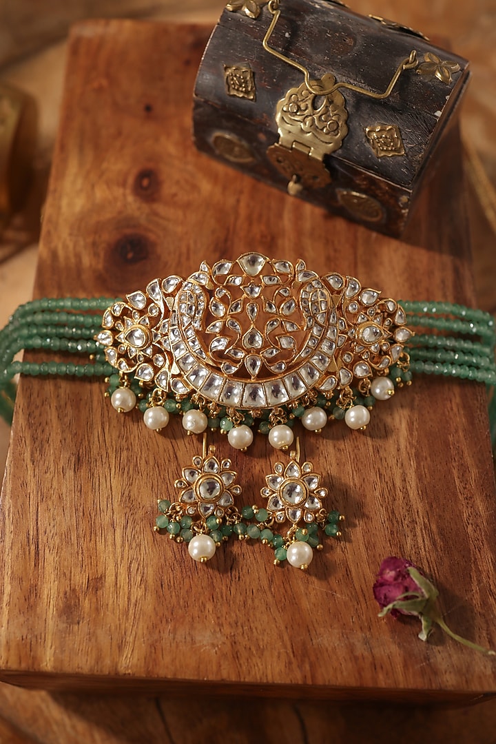 Gold Finish Kundan Polki & Green Onyx Choker Necklace Set by Paisley Pop at Pernia's Pop Up Shop