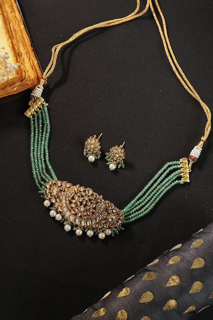 Gold Finish Kundan Polki & Green Onyx Choker Necklace Set by Paisley Pop at Pernia's Pop Up Shop