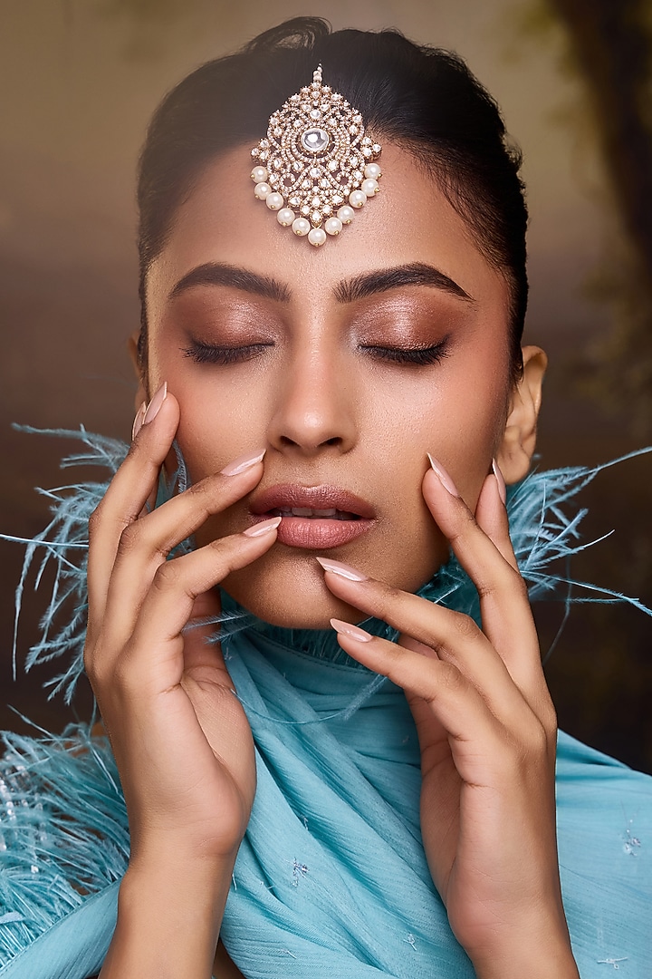 Gold Finish Kundan Polki & Cubic Zirconia Maangtikka by Paisley Pop at Pernia's Pop Up Shop