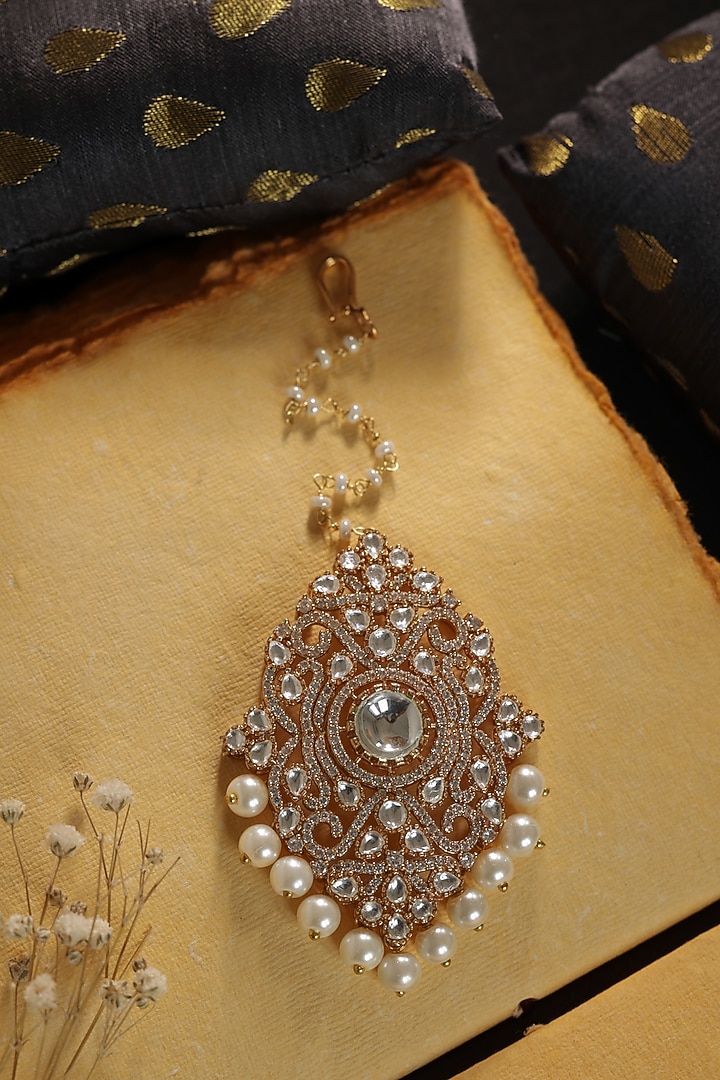 Gold Finish Kundan Polki & Cubic Zirconia Maangtikka by Paisley Pop at Pernia's Pop Up Shop