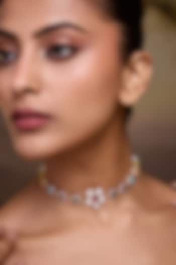 Gold Finish Floral Kundan Polki & Navratna Stones Necklace by Paisley Pop at Pernia's Pop Up Shop