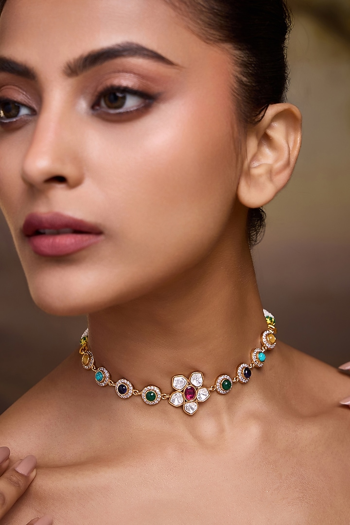 Gold Finish Floral Kundan Polki & Navratna Stones Necklace by Paisley Pop at Pernia's Pop Up Shop