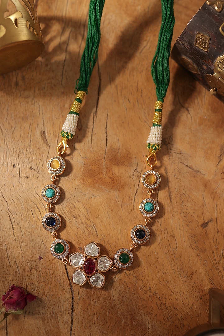Gold Finish Floral Kundan Polki & Navratna Stones Necklace by Paisley Pop at Pernia's Pop Up Shop