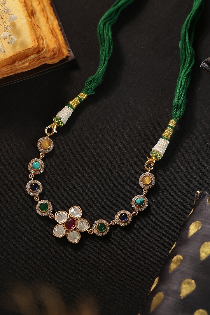 Gold Finish Floral Kundan Polki & Navratna Stones Necklace by Paisley Pop at Pernia's Pop Up Shop