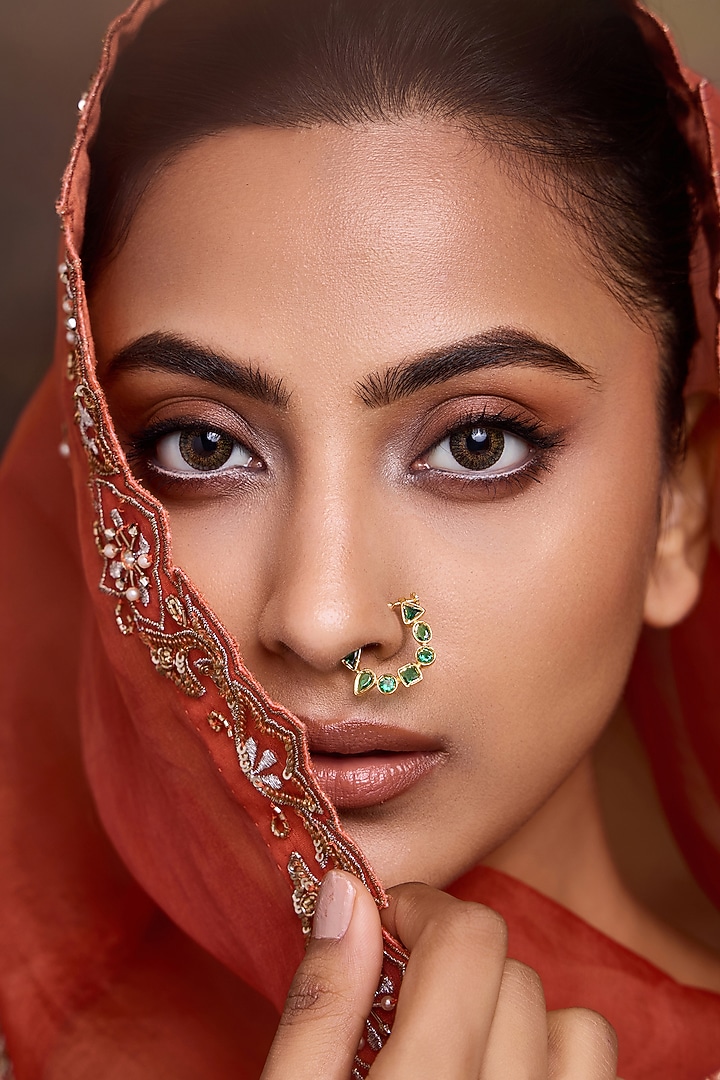 Gold Finish Green Kundan Polki Nose Ring by Paisley Pop at Pernia's Pop Up Shop