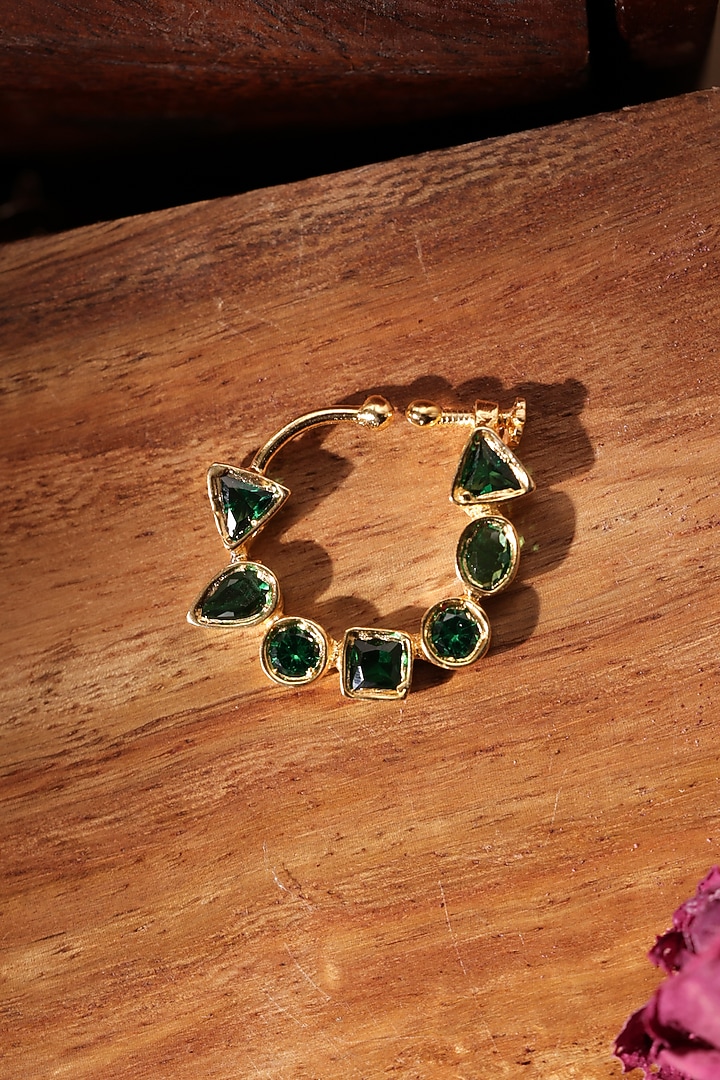 Gold Finish Green Kundan Polki Nose Ring by Paisley Pop at Pernia's Pop Up Shop