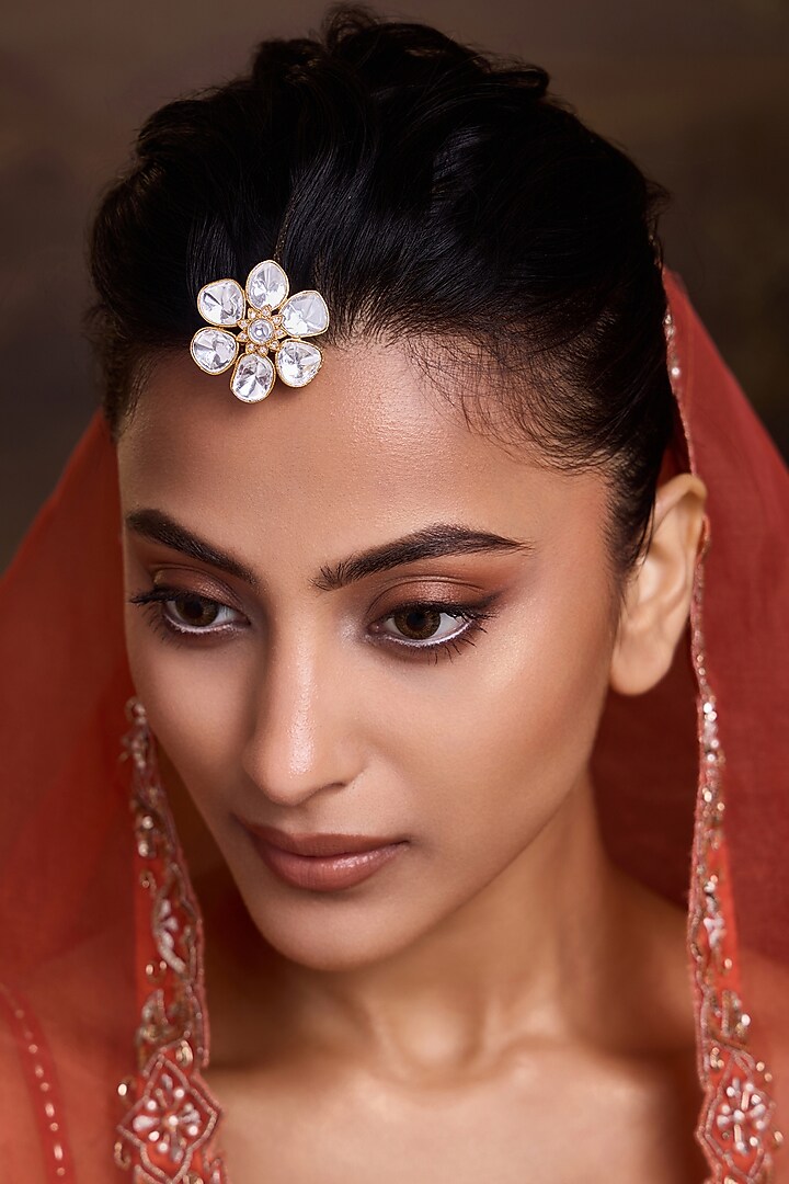 Gold Finish Kundan Polki Floral Maangtikka by Paisley Pop at Pernia's Pop Up Shop