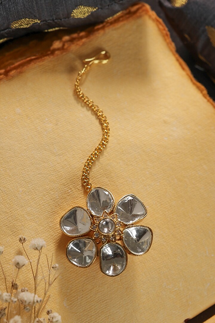 Gold Finish Kundan Polki Floral Maangtikka by Paisley Pop at Pernia's Pop Up Shop