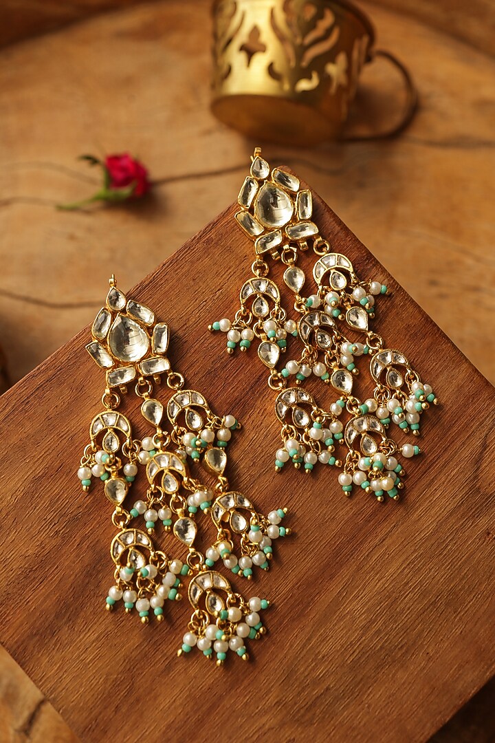 Gold Finish Pearl & Kundan Polki Dangler Earrings by Paisley Pop at Pernia's Pop Up Shop