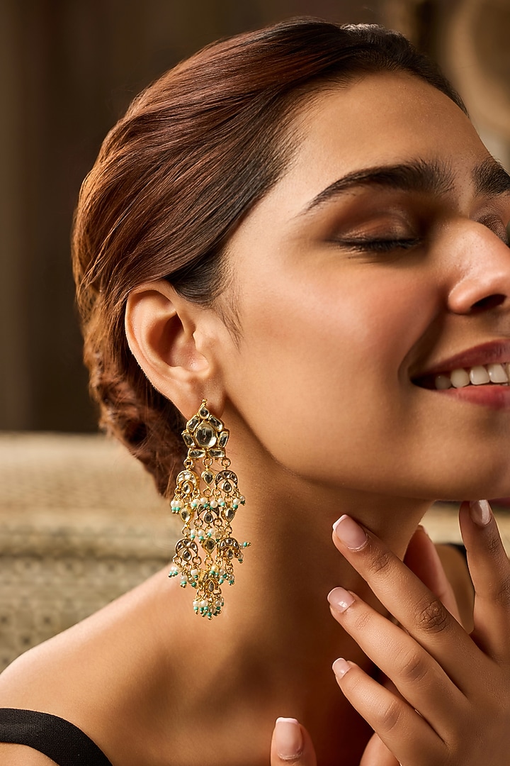 Gold Finish Pearl & Kundan Polki Dangler Earrings by Paisley Pop at Pernia's Pop Up Shop