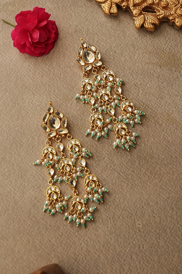 Gold Finish Pearl & Kundan Polki Dangler Earrings by Paisley Pop at Pernia's Pop Up Shop