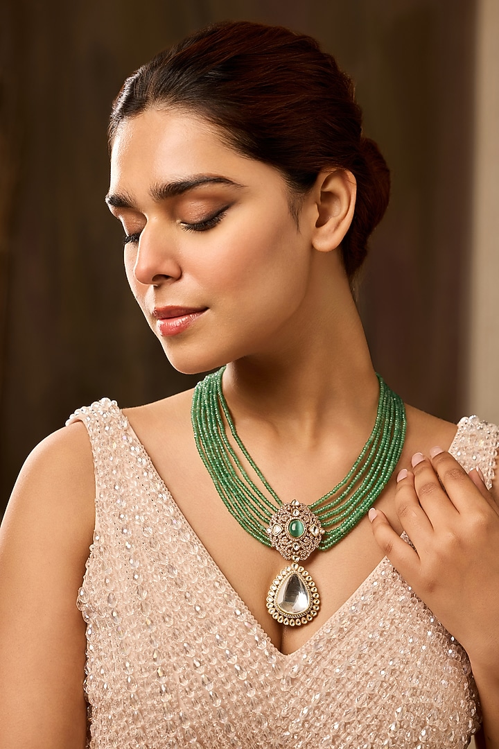 Gold Finish Kundan Polki Pendant Necklace by Paisley Pop at Pernia's Pop Up Shop